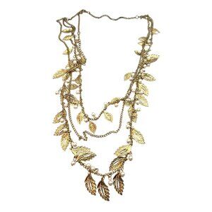 Goldtone Leaf Fringe Necklace With Pearl Accents